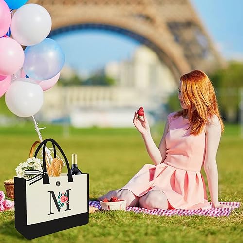 Miniatura 14 de Initial Canvas Tote Bag, Personalized Birthday Gifts for Women Mom Friends Teachers, Monogrammed Tote Bags Suitable for Mother's Day Wedding Beach