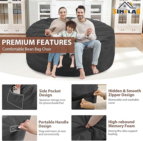 Miniatura 5 de Puf gigante de 5 pies, relleno de espuma viscoelástica con funda de terciopelo, funda extraíble y lavable a máquina, puf para adultos, color gris