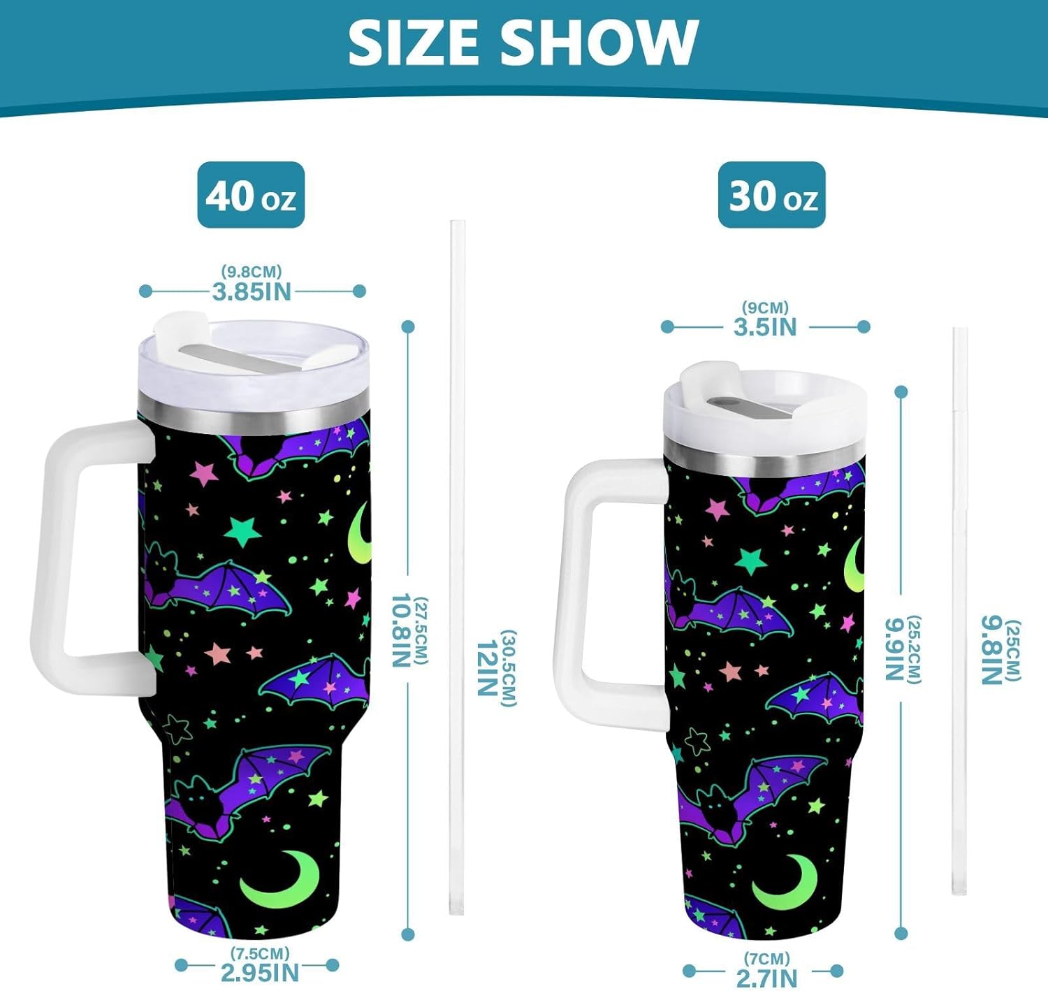 YETTASBIN Halloween Bat 40 oz Tumbler with Handle, Stainless Steel Vacuum Insulated Sports Water Bottle, Leak-proof Travel Coffee Mug Cup with Lid and Straw for Water, Iced Tea or Coffee - Image 3