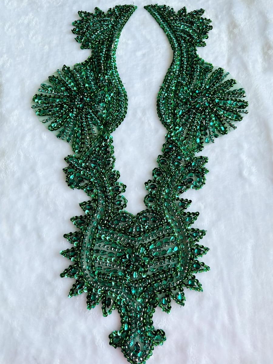 Handmade Crystal on lace Applique Sewing Rhinestones Beads Sequins Patches Trim Luxury Decoration Accessories for Wedding Dress (Deepgreen)