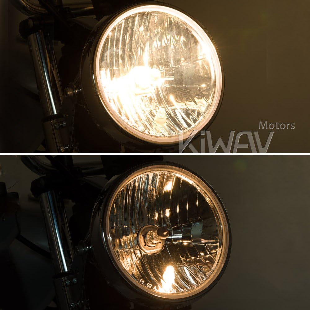 KiWAV Sirius 7 inch Round Motorcycle Headlight with Chrome Housing ECE Compliant Halogen H4 Bulb 12V 55W 60W High Low Beam