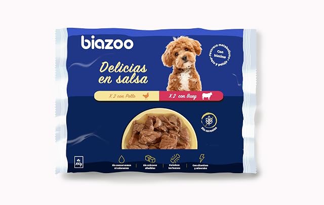 Foto 2 de 2 de Biazoo - Pack 12 uds - Comida húmeda para Perros- Delicias fileteadas Pollo y Buey Grain Free 4 Pouches x 100…