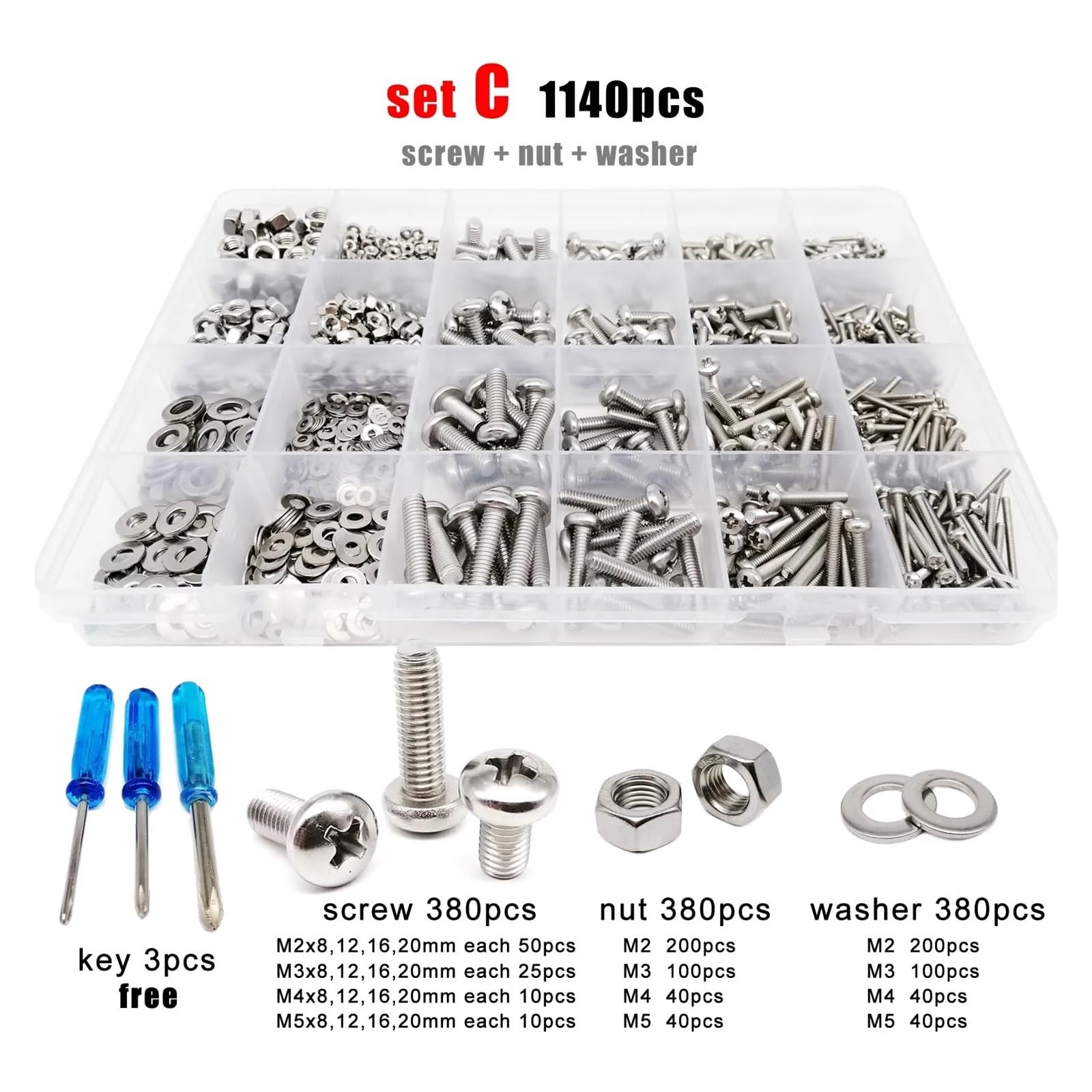 GamirA 400/2100 pièces M1.6 M2 M2.5 M3 M4 M5 304 Acier Inoxydable Croix Pan tête Ronde vis Boulon écrou rondelle Assortiment Ensemble Kit boîte (Color : Set C 1140pcs)