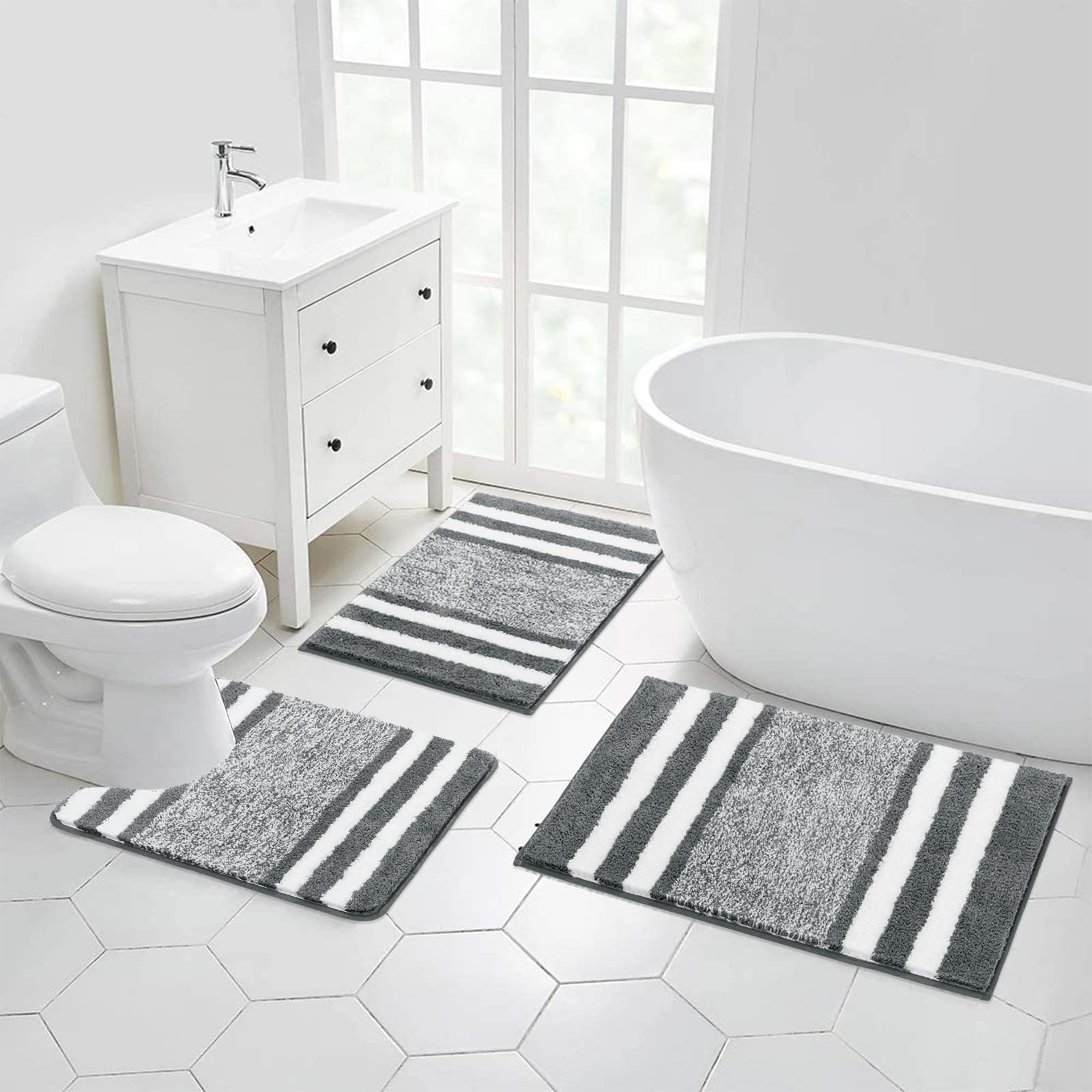 Pauwer Ultra Dicker Badteppich Set 3 Teilig Weich Hochflor Duschteppich Badematte Toilettenmatte Maschinenwaschbar rutschfeste WC Teppich Set Badvorleger Badezimmerteppich, Dunkelgrau