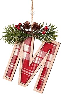 Wooden Letter Christmas Tree Ornaments 3D Alphabet Xmas Hanging Pendant Red and Black Buffalo Plaid Monogram Initial Letter Name Tags Decorated with Pine Cones, Berries & Pine Needles for Holiday (#M)
