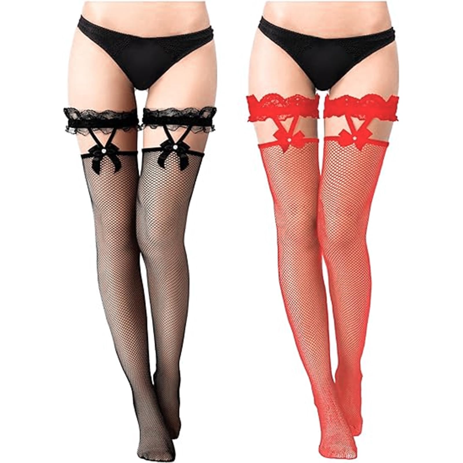 Leogony Women's Black + Red 2 Pairs Hold Ups Fishnet Stockings For Red And Black Stockings Suspenders Thigh High Sexy Stocking