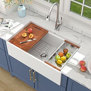 Lordear White Farmhouse Sink 33 Inch Farmhouse Workstation 33x20x10 Kitchen Sinks Apron Front Flat White Fireclay Porcelain Ceramic Single Bowl Farm Sinks Basin with Red Wooden Cutting Board