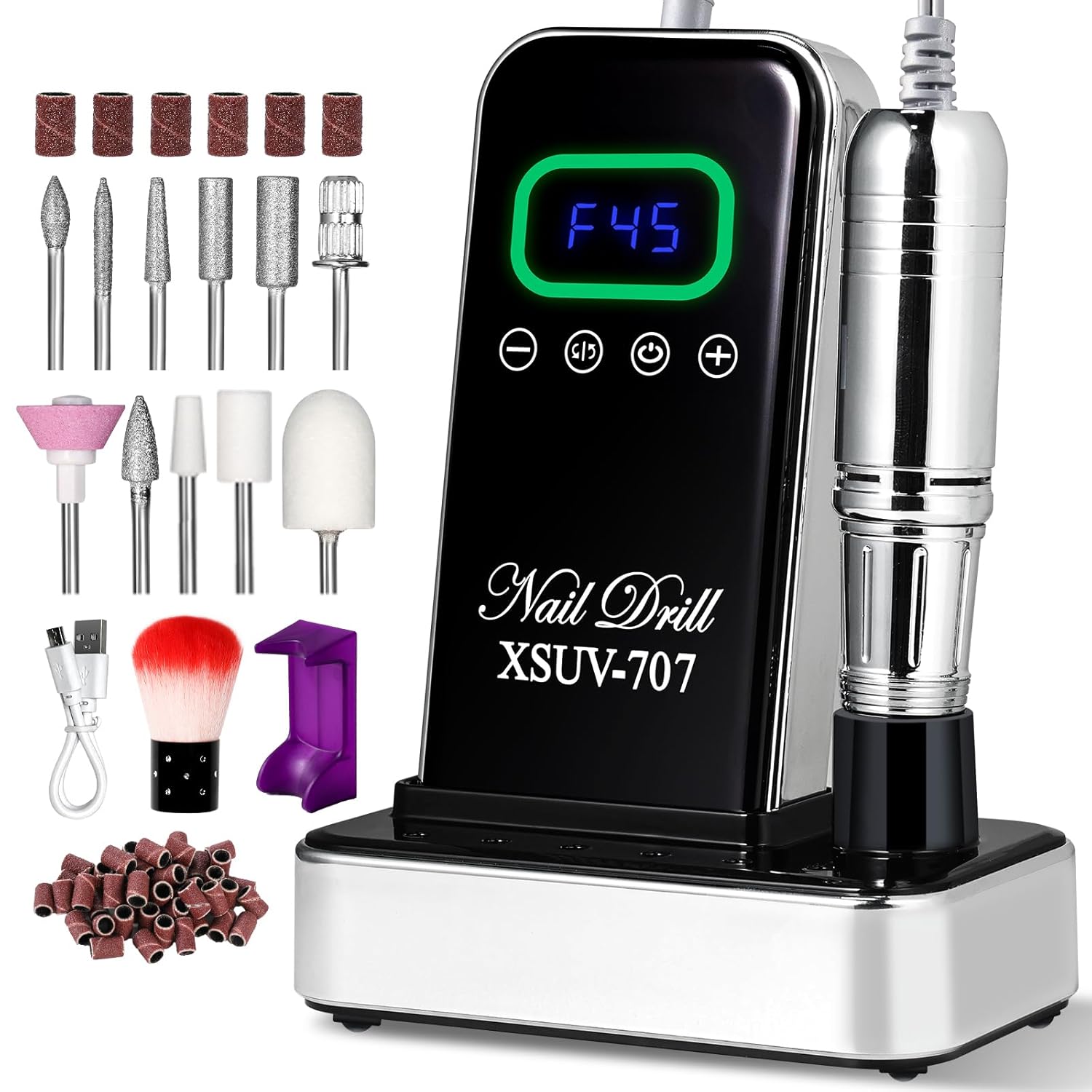 Cordless Nail Drill 45000 RPM, Rechargeable Electric Nail File Kit for Acrylic Gel Polishing Removing, Nail Drill kit with Bits & Base, Portable Nail E-File Machine for Manicure Pedicure Salon (Black)