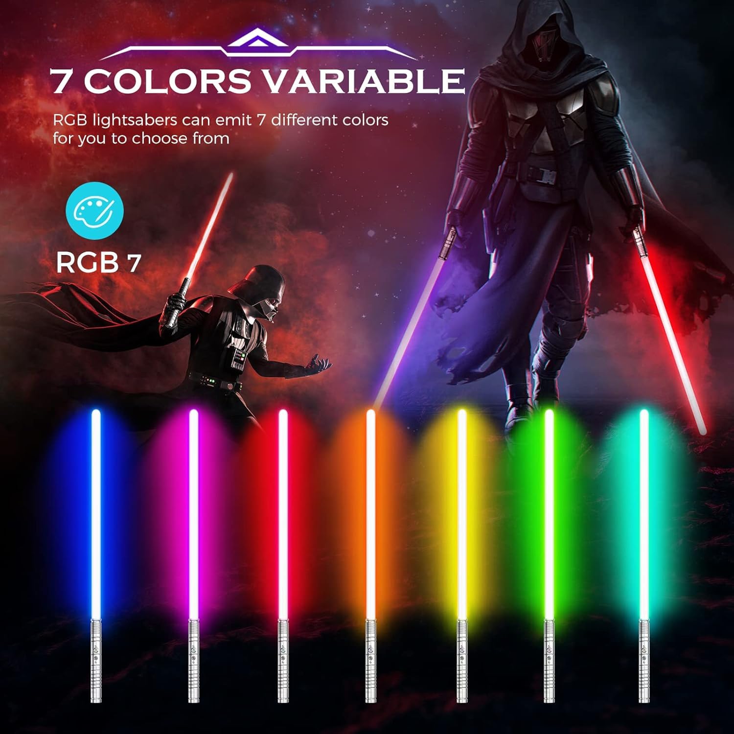 Sabre Lumineux FX, Sabre Lumineux RVB, 7 Couleurs en métal avec différents Sons de Bataille, Batterie de Charge USB pour Cadeaux, Cosplay, fête, Noir