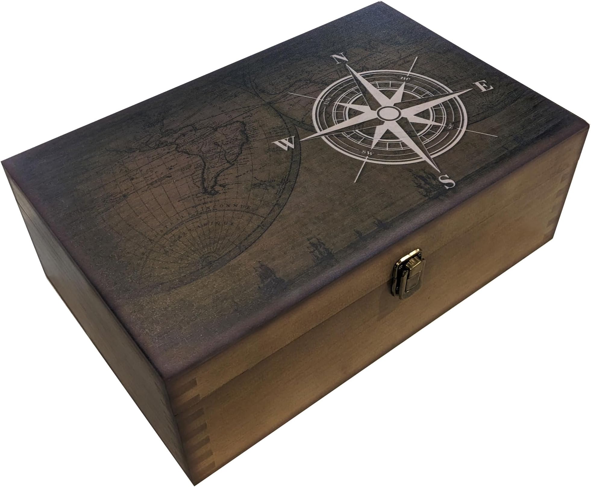 Navigators Compass Design Wooden Keepsake Box, Large Memory Box for Keepsakes, Decorative Storage Box for Memories, Jewelry, & Photos, Memorial Boxes for Men & Women