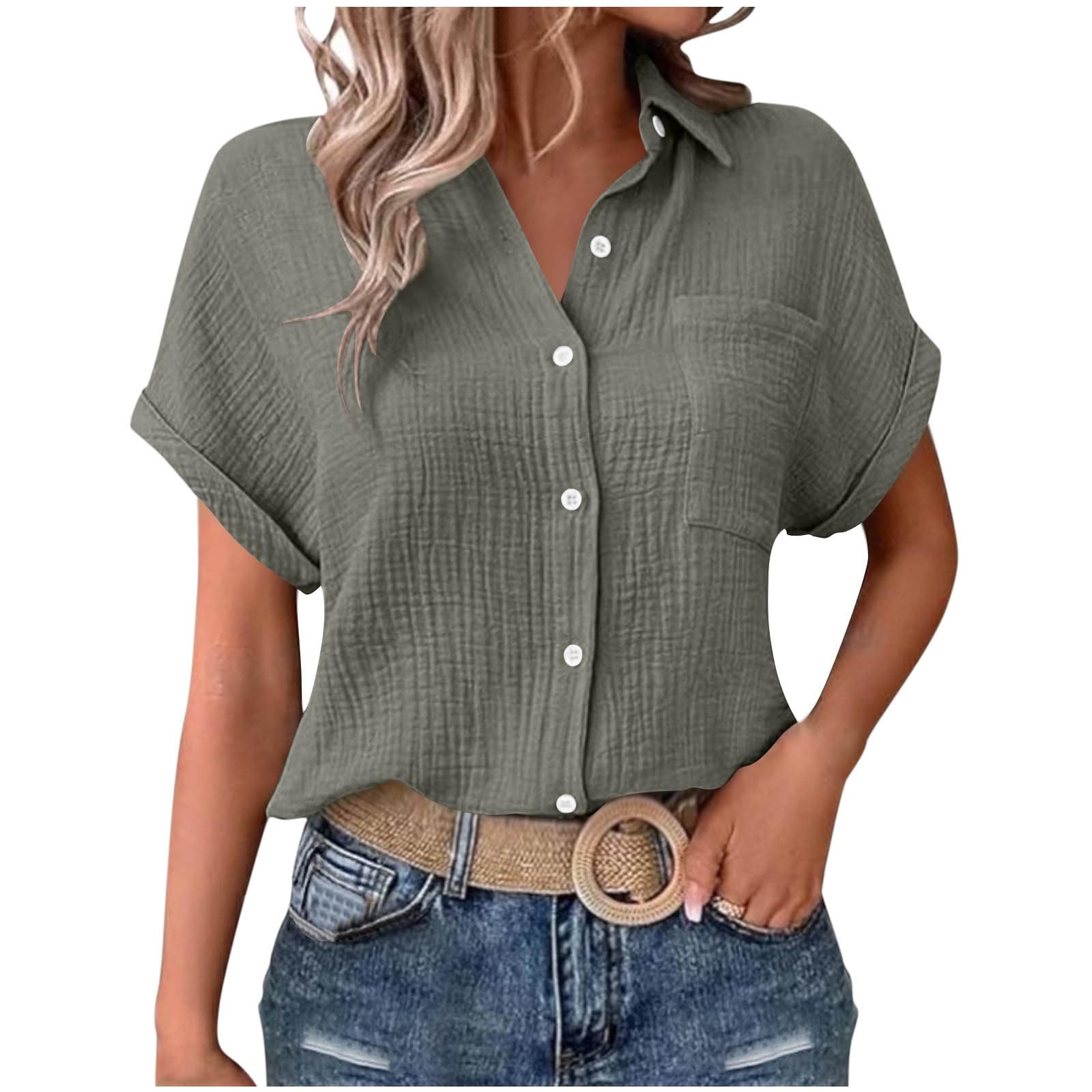 AEGJEGVD Musselin Damen Blusen Elegant Shirt Kurze Ärmel Bluse Mit Kragen Knopfleiste Formelle Arbeitskleidung Lässige Hemden Leinenbluse Flowy Locker Blusen Atmungsaktive Sonnenschutz Oberteil