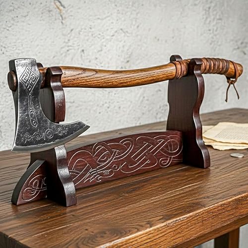 Miniatura 6 de Espada de un solo nivel hecha a mano de madera maciza auténtica, soporte para hacha con diseño de serpiente vikinga grabada, 17 x 8 pulgadas