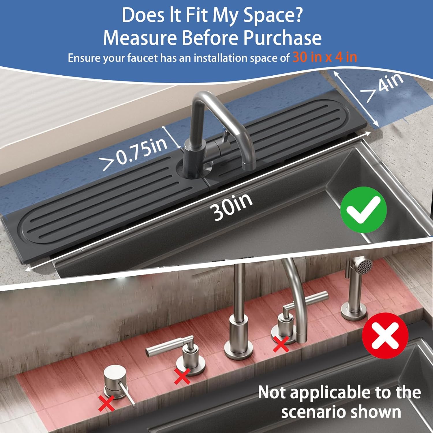 Stone Faucet Mat for Kitchen Sink, Water Absorbing Sink Water Splash Guard, Fast-Drying Kitchen Sink Faucet Mat, Durable Protector and Stone Drying Mat for Kitchen Counter & Bathroom Sink 30" x 4" Dark Gray Style 1