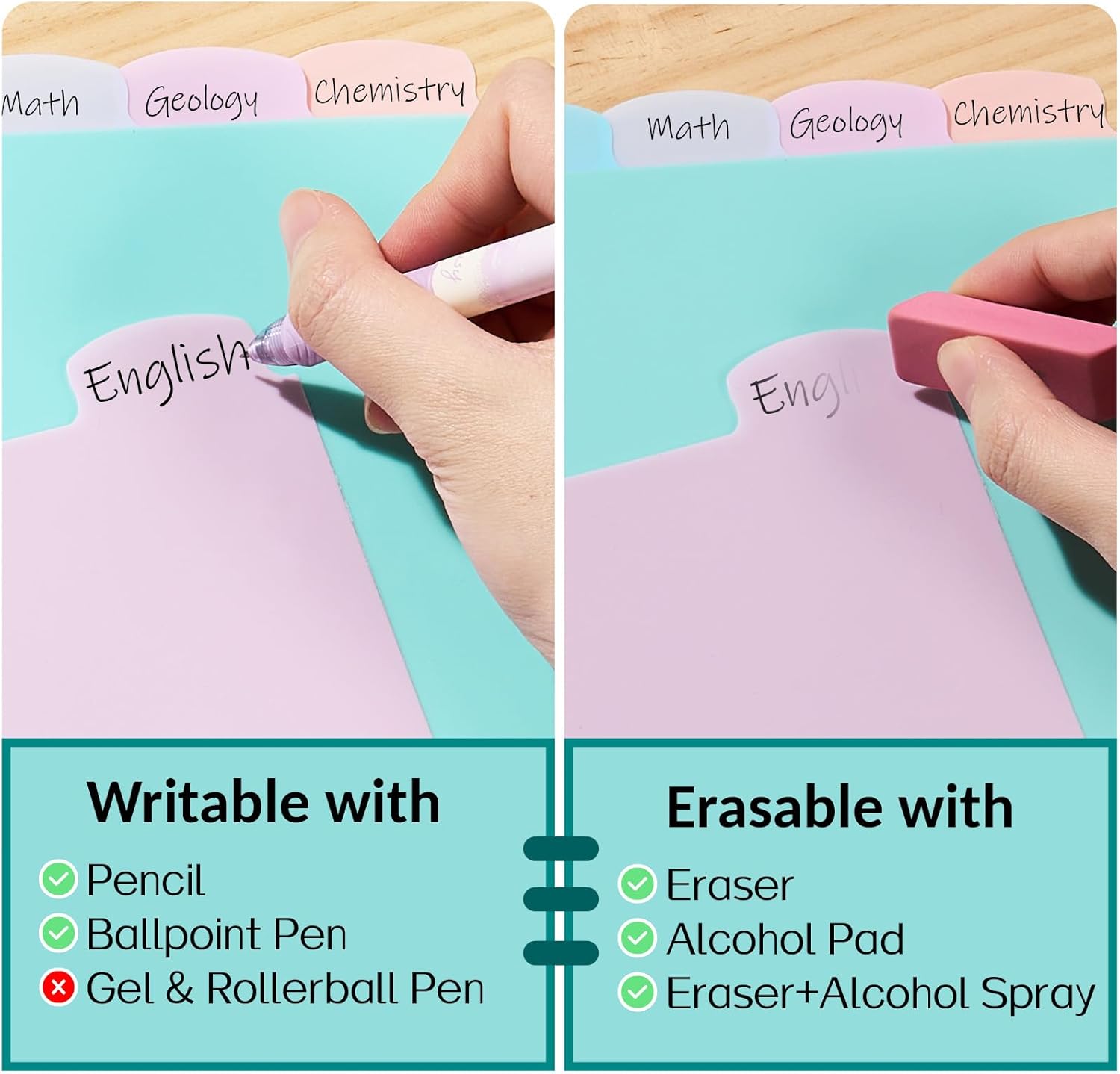Sooez 8 Tabs Long-Lasting Plastic Write & Erase Large Tabs Dividers for 3 Ring Binder, Aesthetic Cute Pastels Binder Dividers for Student, Teacher, Office, Home Organizers, 12 Sets, Pastels Color