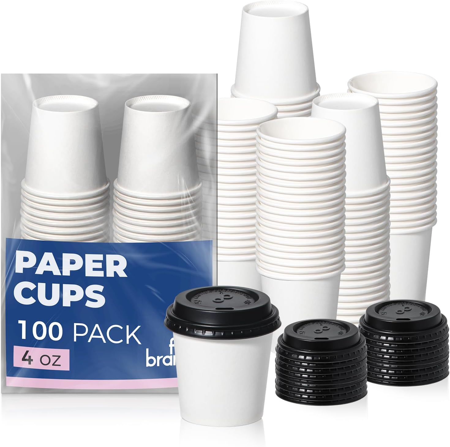 Fit Meal Prep 100 Pack 4 oz Disposable Coffee Cups with Lids, Premium To Go Paper Cups, Leak Proof Hot Coffee Cups with Lids for Travel, Office, Hot/Cold Beverages (Black Lids)