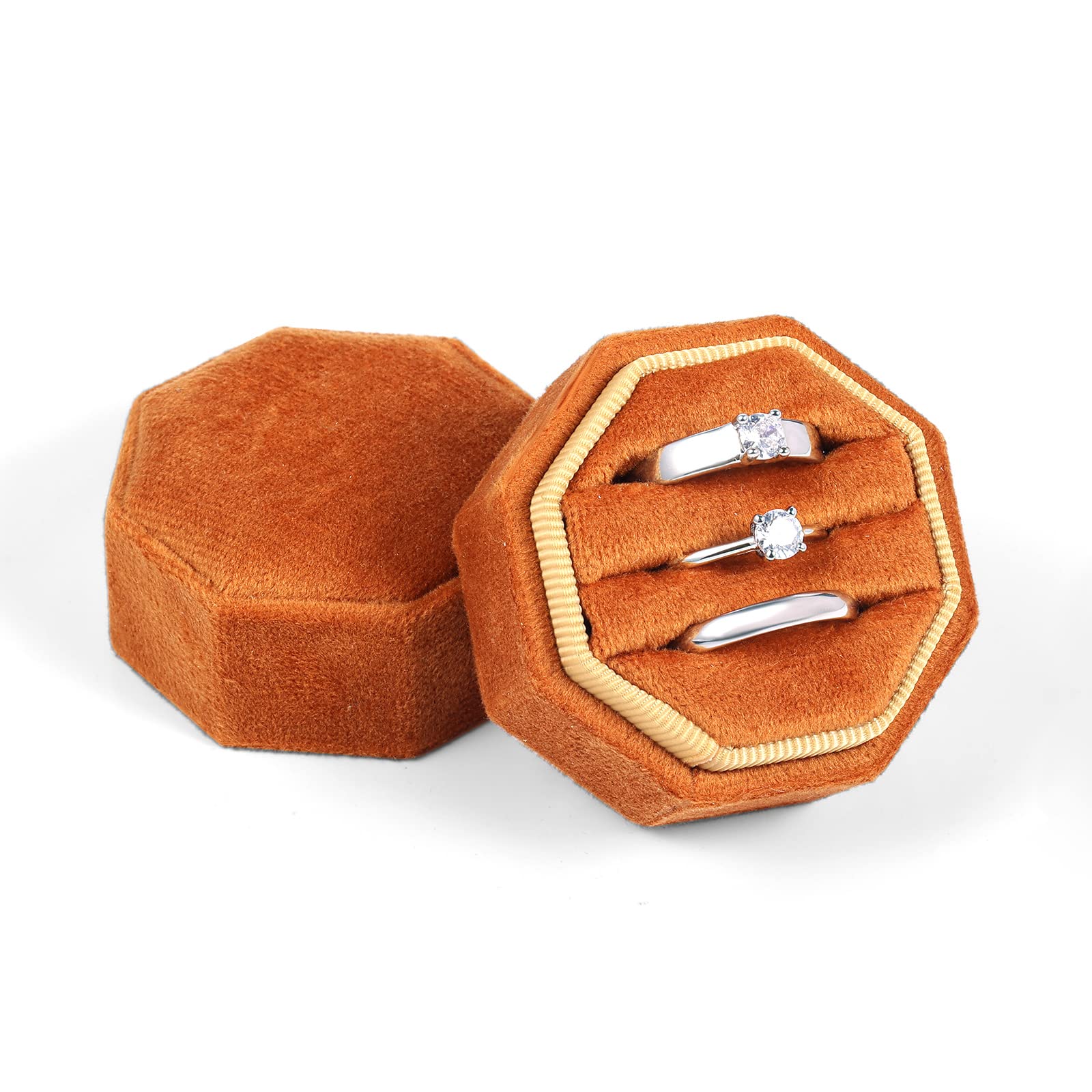 AIEXVelvet Ring Box for Wedding Ceremony, Three Slots Octagonal Velvet Jewelry Ring Box for Proposal Engagement Wedding Anniversary Valentines Day for Holding 3 Rings (Burnt Orange)