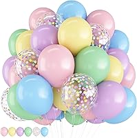 HILAVO 12 Inch Pastel Macaron Balloons with Confetti - Pink Blue Green Purple Yellow Rainbow Latex for Birthday Baby Shower Wedding Decor
