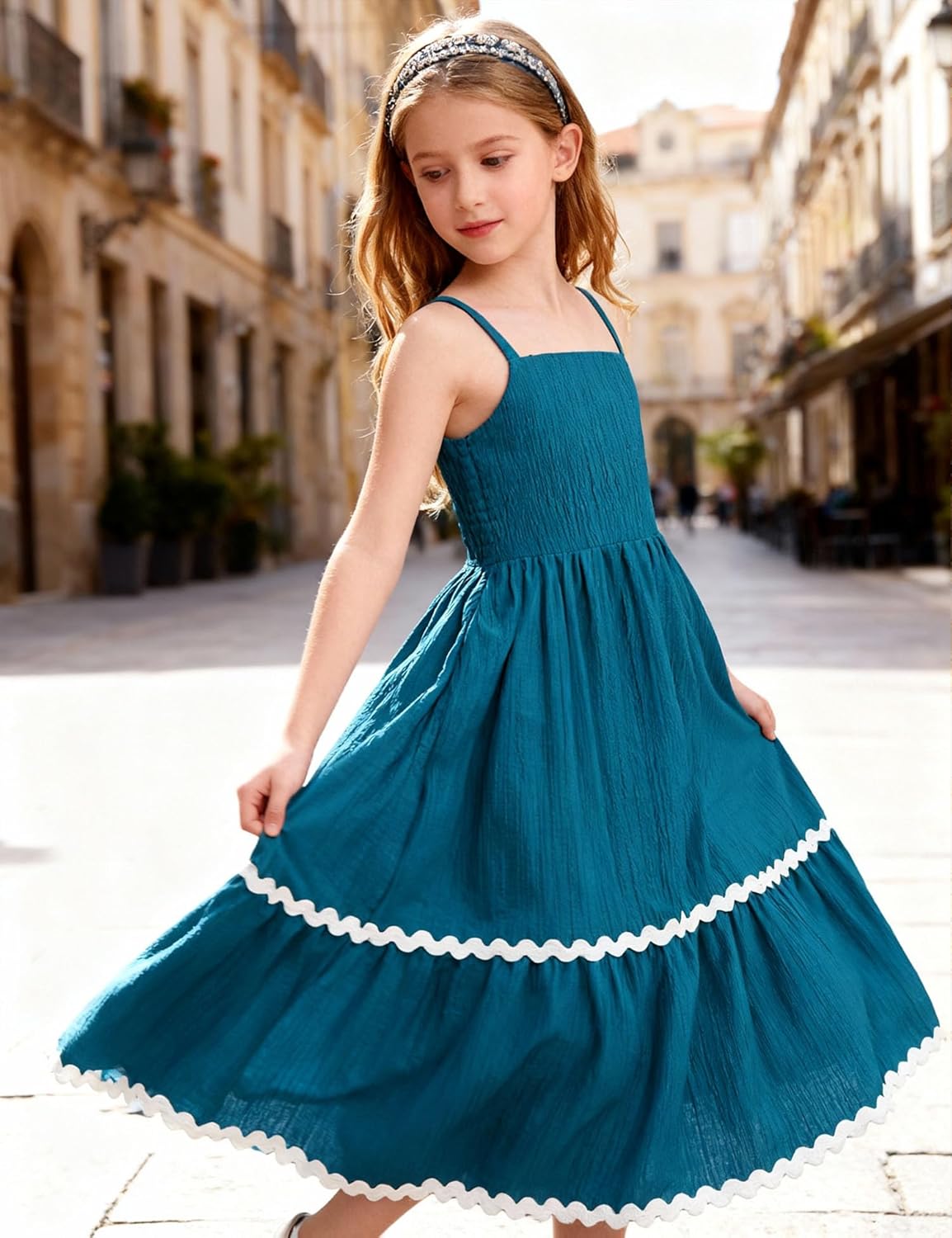 Arshiner Girls Summer Spaghetti Strap Dresses Flowy Tiered Cami Maxi Sundress with Pockets - Image 6