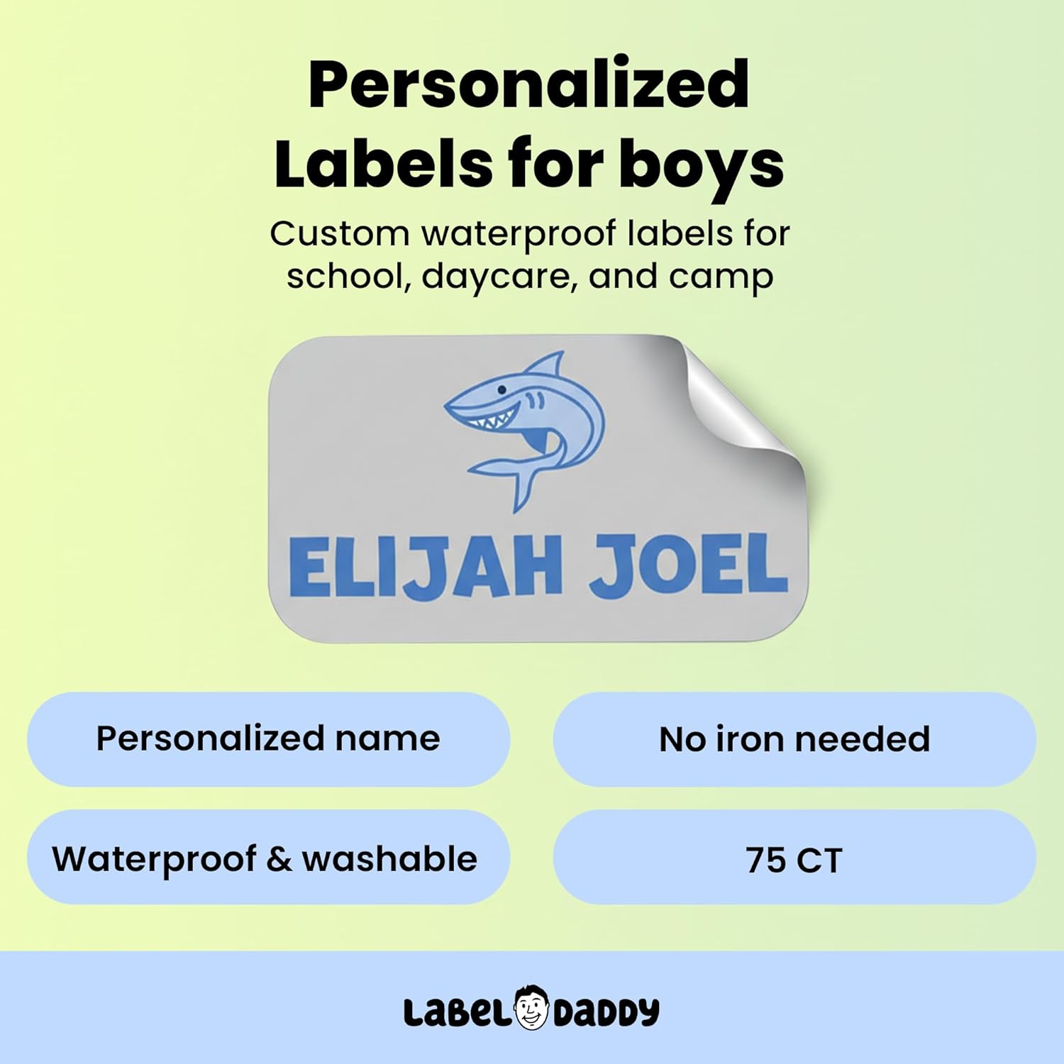Label Daddy Personalized Waterproof Name Extra Small Labels for Boys – Custom Kid's Labels for School & Camp – No Iron Needed – Durable for Bottles, Backpacks, Shoes & More – 75 Ct | Shark Design