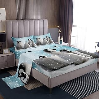 Feelyou Penguin Bed Sheets Cute Penguin Bedding Set Funny Animal Printed Sheet Set for Kids Adults Cute Polar Animal Pattern Bed Sheet Set Ultra Soft Room Decor King Size