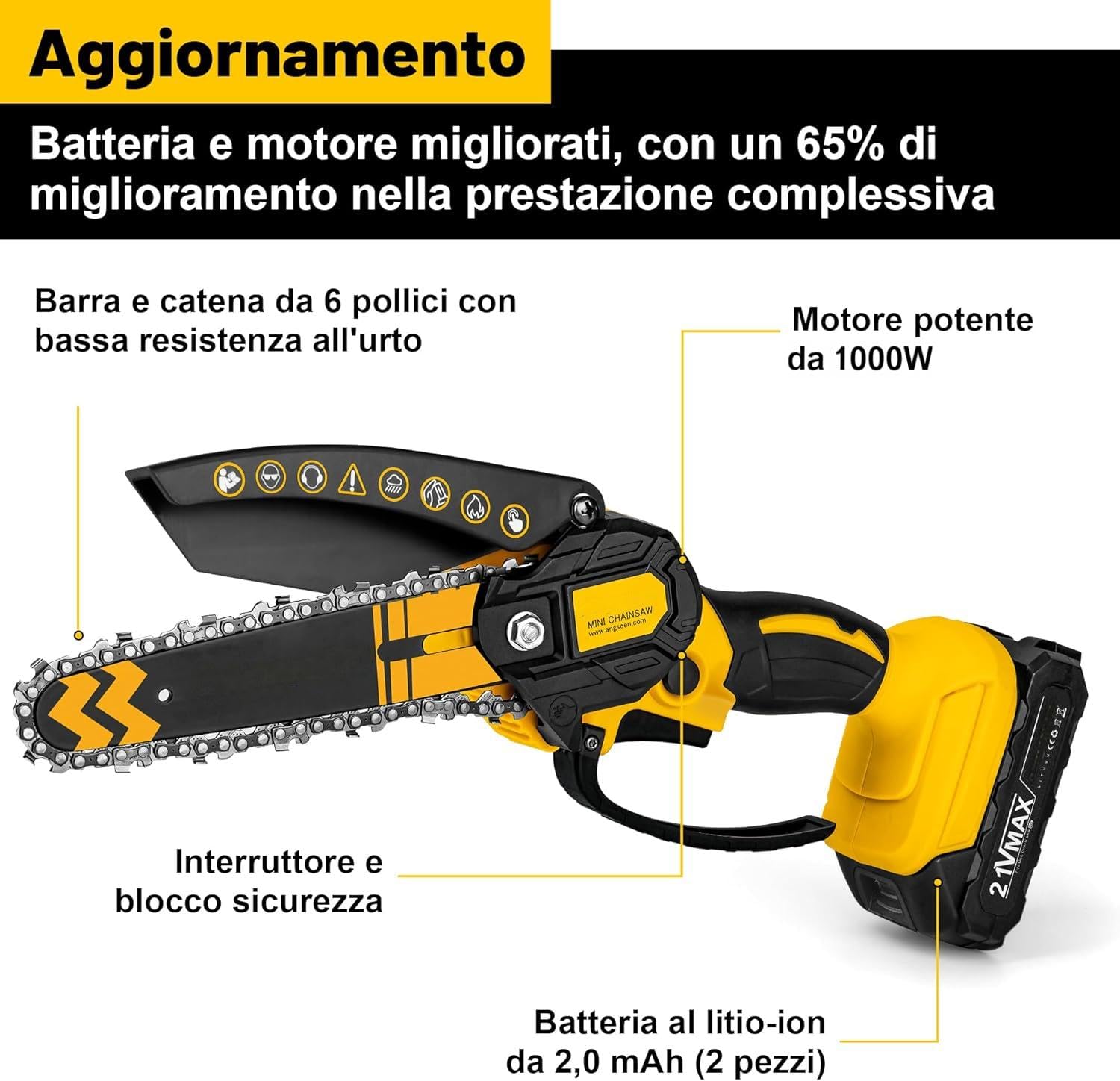 Brushless Mini Motosega a Batteria, Motosega Elettrica a Batteria,6 Pollici Motosega Elettrica, sega elettrica per potatura,2 Batteria Ricaricabile, con Blocco di Sicurezza, per il Taglio del Legno