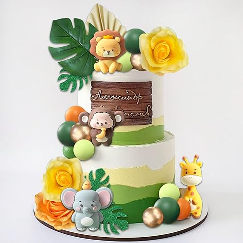 Miniatura 10 de UFROMSKY 22 piezas de decoración de pastel de animales de la selva de safari, bolas de flores, decoración de pastel con hoja de palma, juguetes de