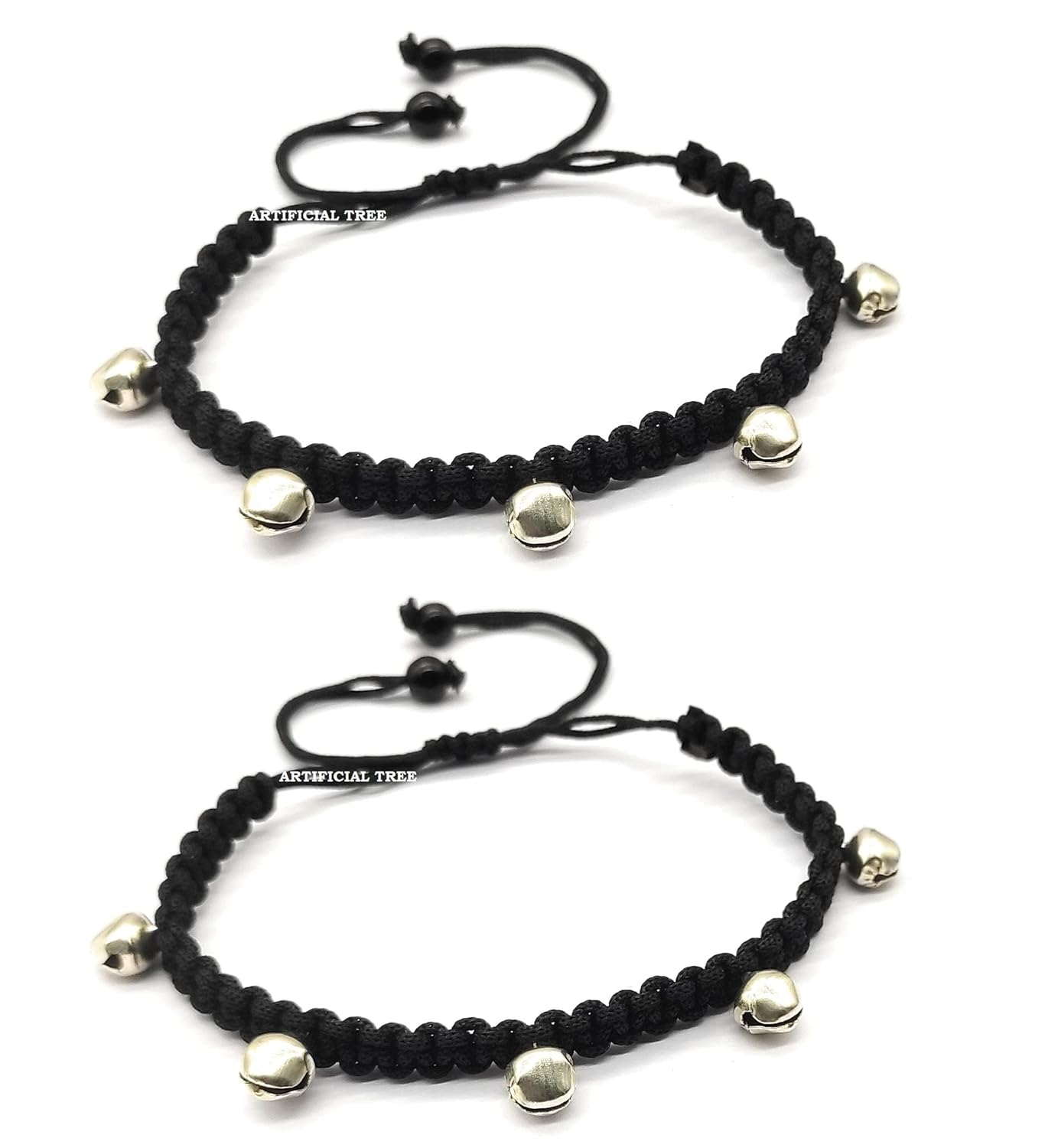 ARTIFICIAL TREE German Silver Ghungroo Charms Black Thread Adjustable