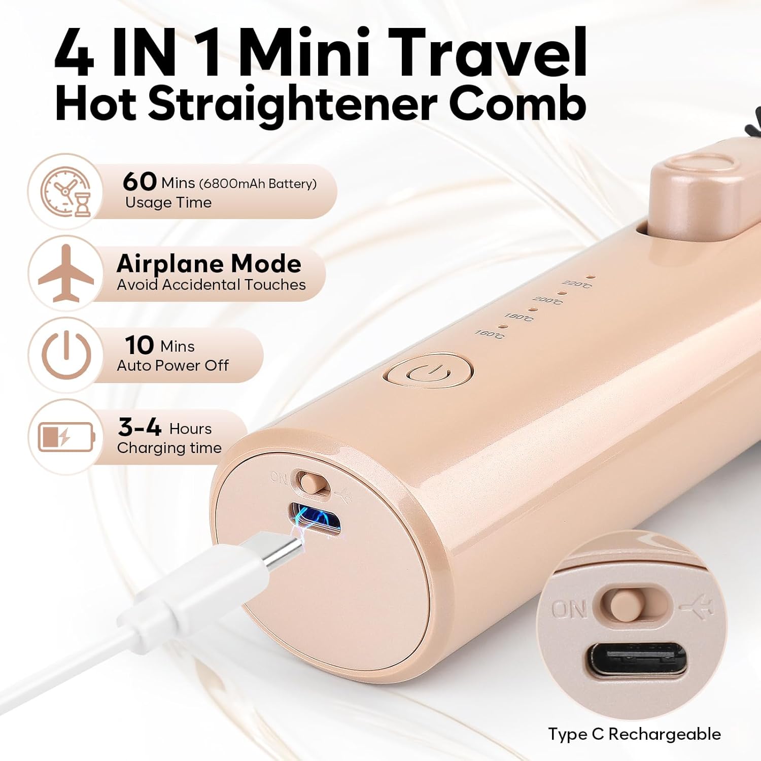 Cordless Curling Iron Brush, Mini Travel Hot Straightener Comb Curl Brush, Rechargeable 4 Temps Cordless Wand Blush with 200 Million Negative Ions for Curls Straightening Styling (Pink)