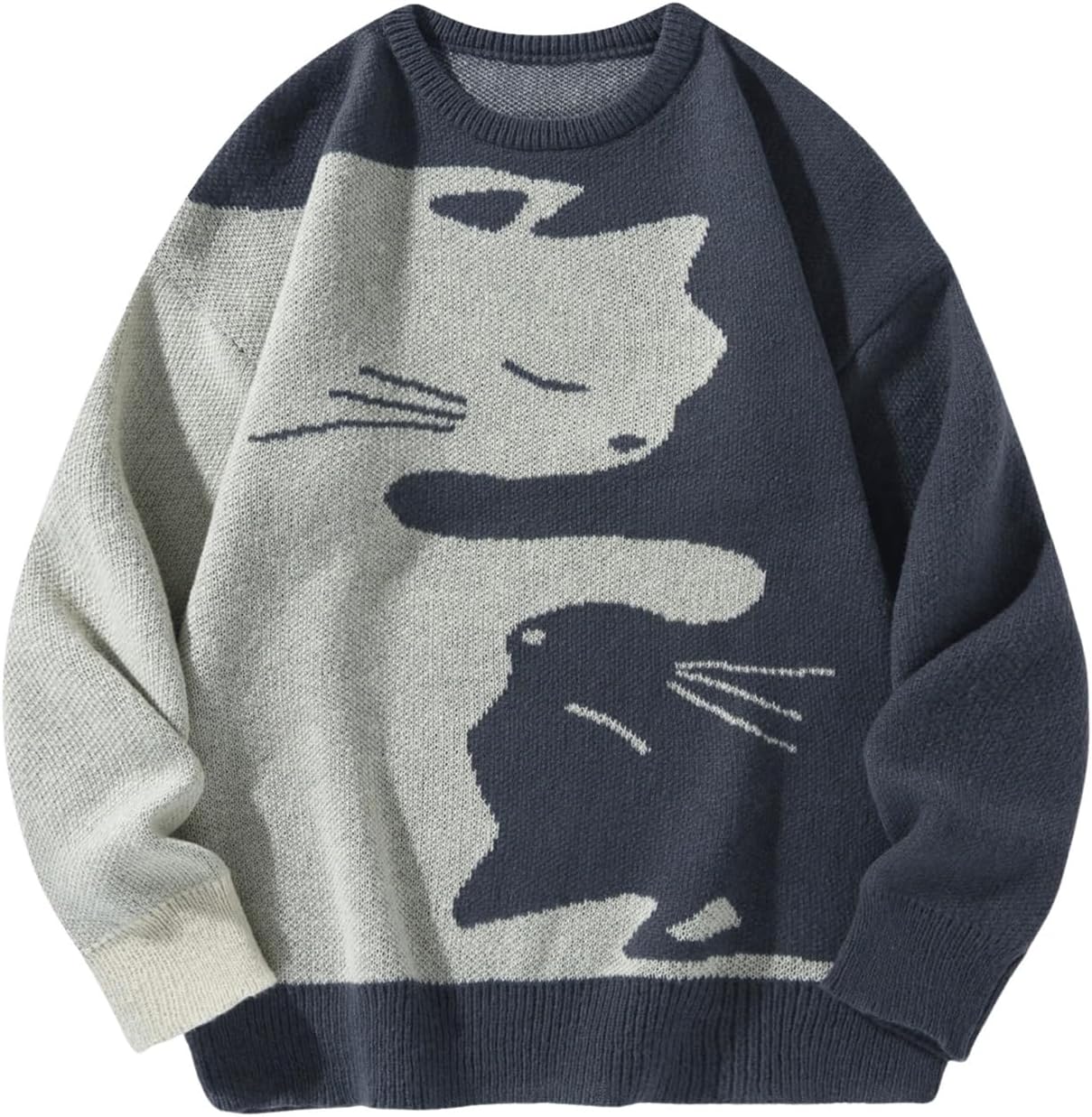 SHENHE Men's Graphic Cat Print Colorblock Crewneck Drop Shoulder Long Sleeve Pullover Sweater