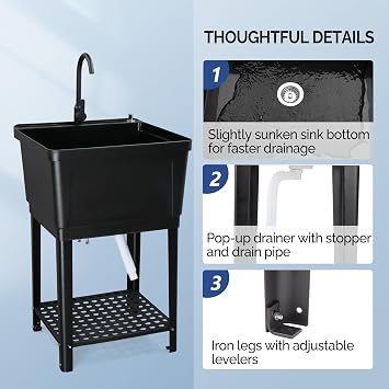 ROVSUN 21-Gallon Plastic Utility Sink, Freestanding Sink with Hot&Cold Faucet, Soap Dispenser, Drain Plug and Iron Legs with Storage shelf, Perfect for Laundry Room, Garage, Black 23.623.636.2