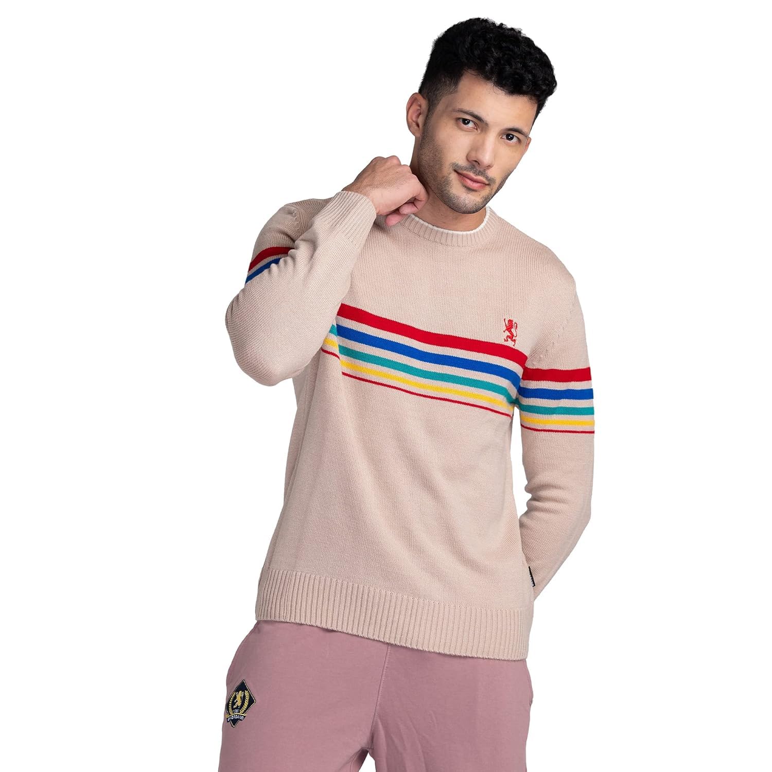 giordano Men's Striped Chest Brand Logo Round Neck Long Sleeves Acrylic Pullover Sweater-picture-18