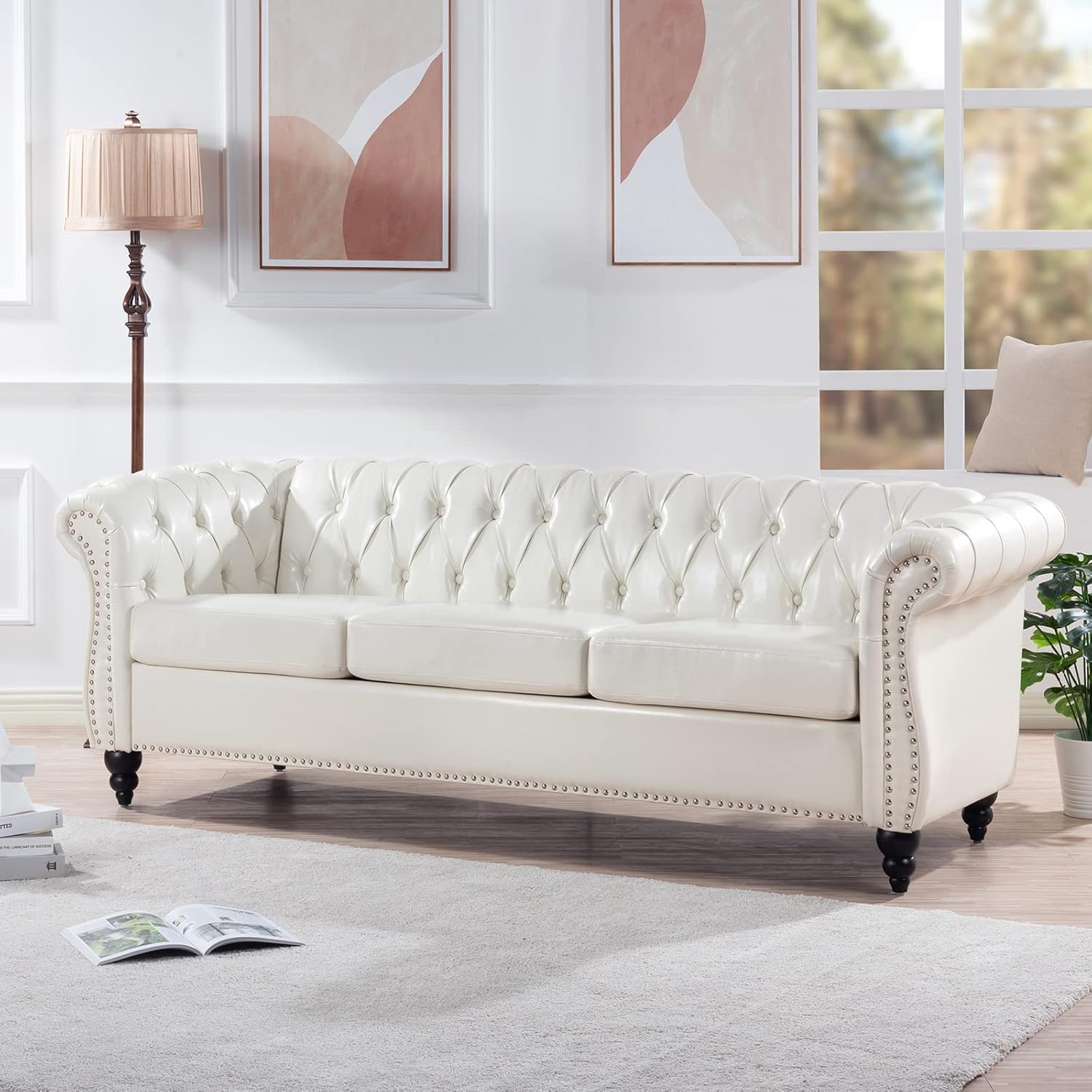 SAYGI 84.56” Chesterfield PU Leather Sofa Couch Luxury