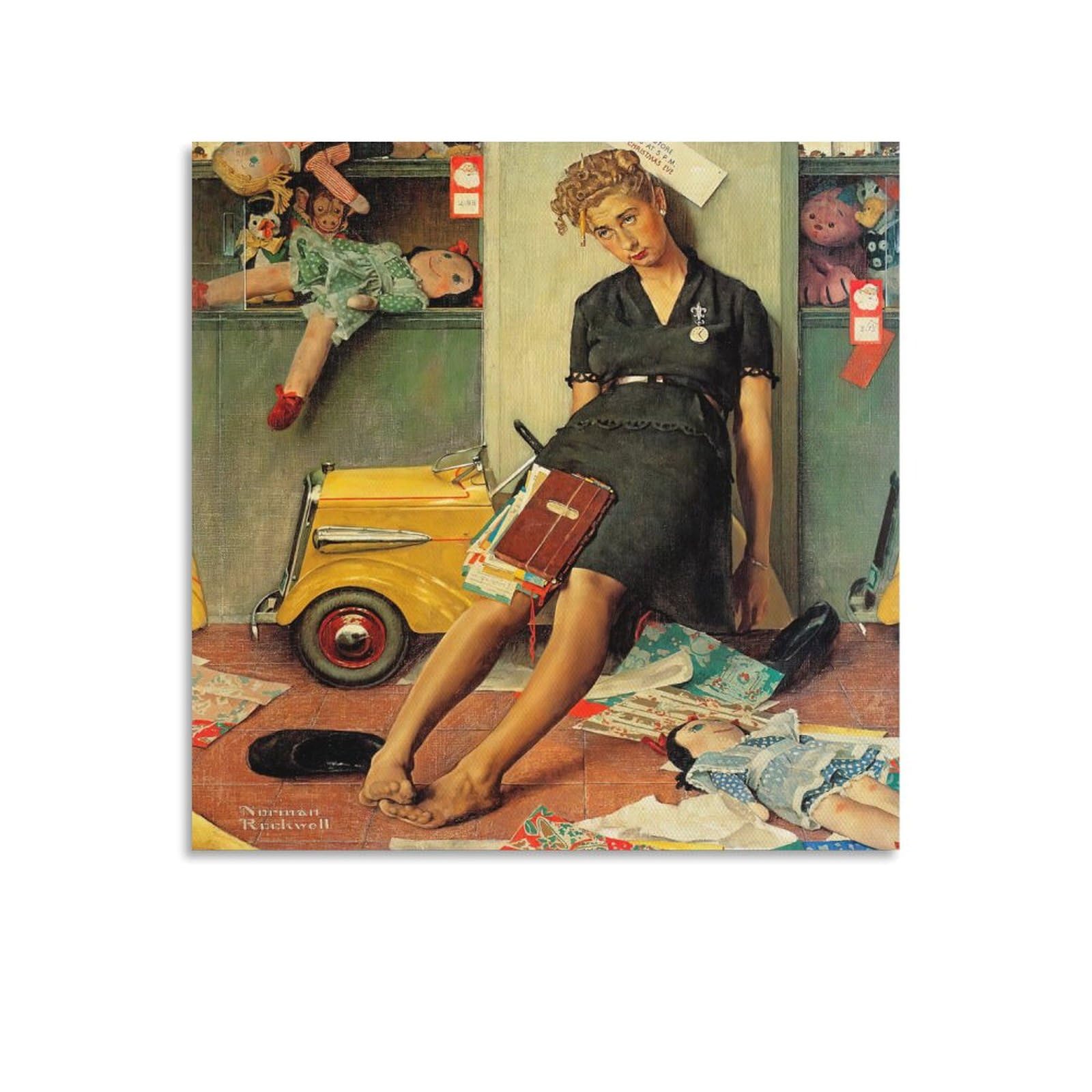 LZTEN Christmas Rush (Tired Salesgirl on Christmas Eve) by Norman Wall Art Rockwell Prints Posters Canvas Wall Art Oil Paintings Deco Unframed 12x12inch