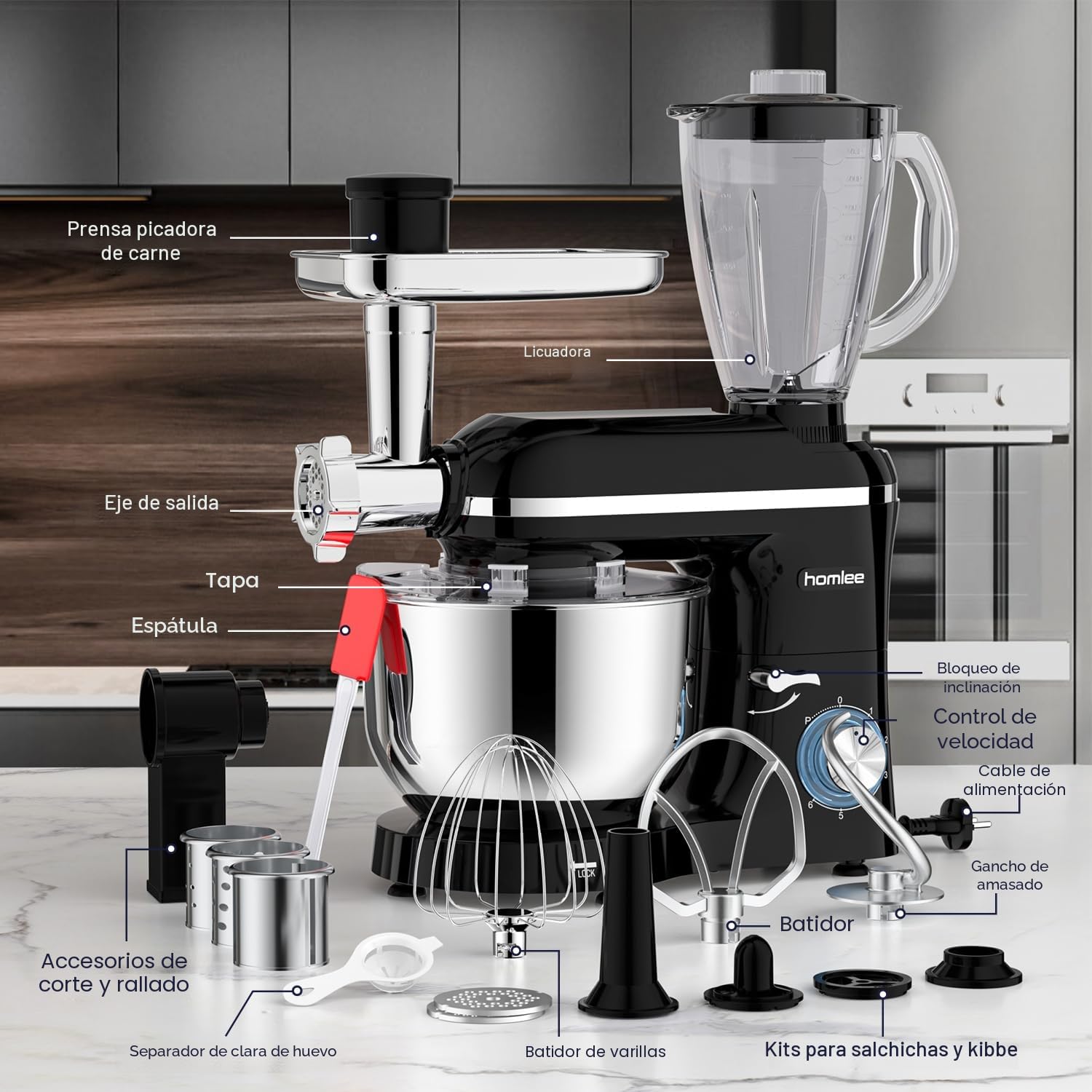 Homlee 3 In 1 Robot De Cocina con Picadora De Carne y Batidora,2000W Amasadora Multifunción, 5.5L Cuenco De Acero Inoxidable,1.5L Exprimidor De zumo, 6 Niveles De Velocidad
