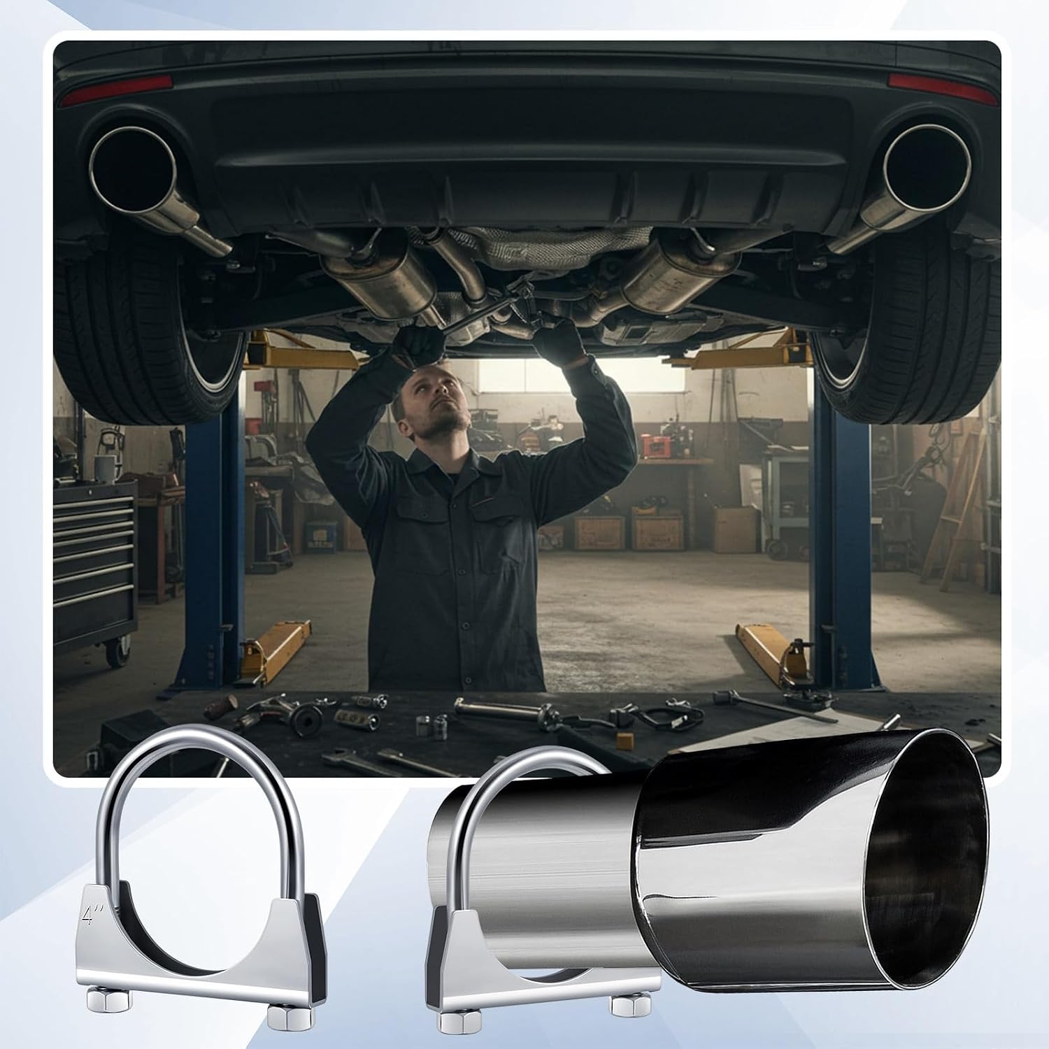 4 Pcs 4" Exhaust Clamp Heavy Duty U-bolt Exhaust Clamp - Saddle Design Muffler Pipe Connector, Tip Hook Clip, Galvanized Iron, Fits 4" Od Pipes