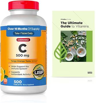 KKL Chewable Extra Strength Vitamin C 500 mg, 500 Count, Immune & Antioxidant Support, Daily Dietary Supplement + Exclusive Vtmx Vitamin Guide 2 Items