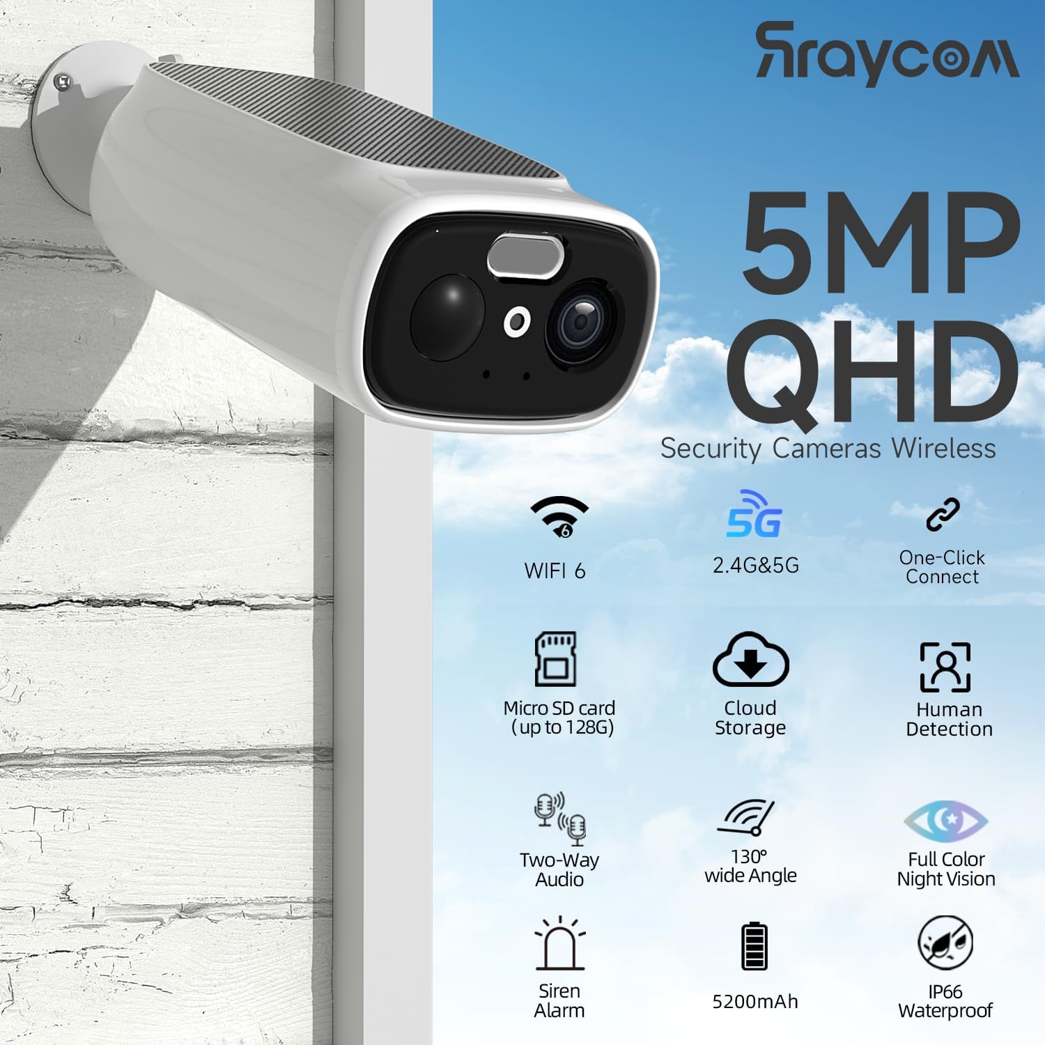 Rraycom 5G Solar Security Cameras Wireless Outdoor, 5MP WiFi Surveillance Outdoor Cameras for Home Security with AI Motion Detection & Siren,Color Night Vision, 2-Way Talk, IP66 Waterproof,SD/Cloud