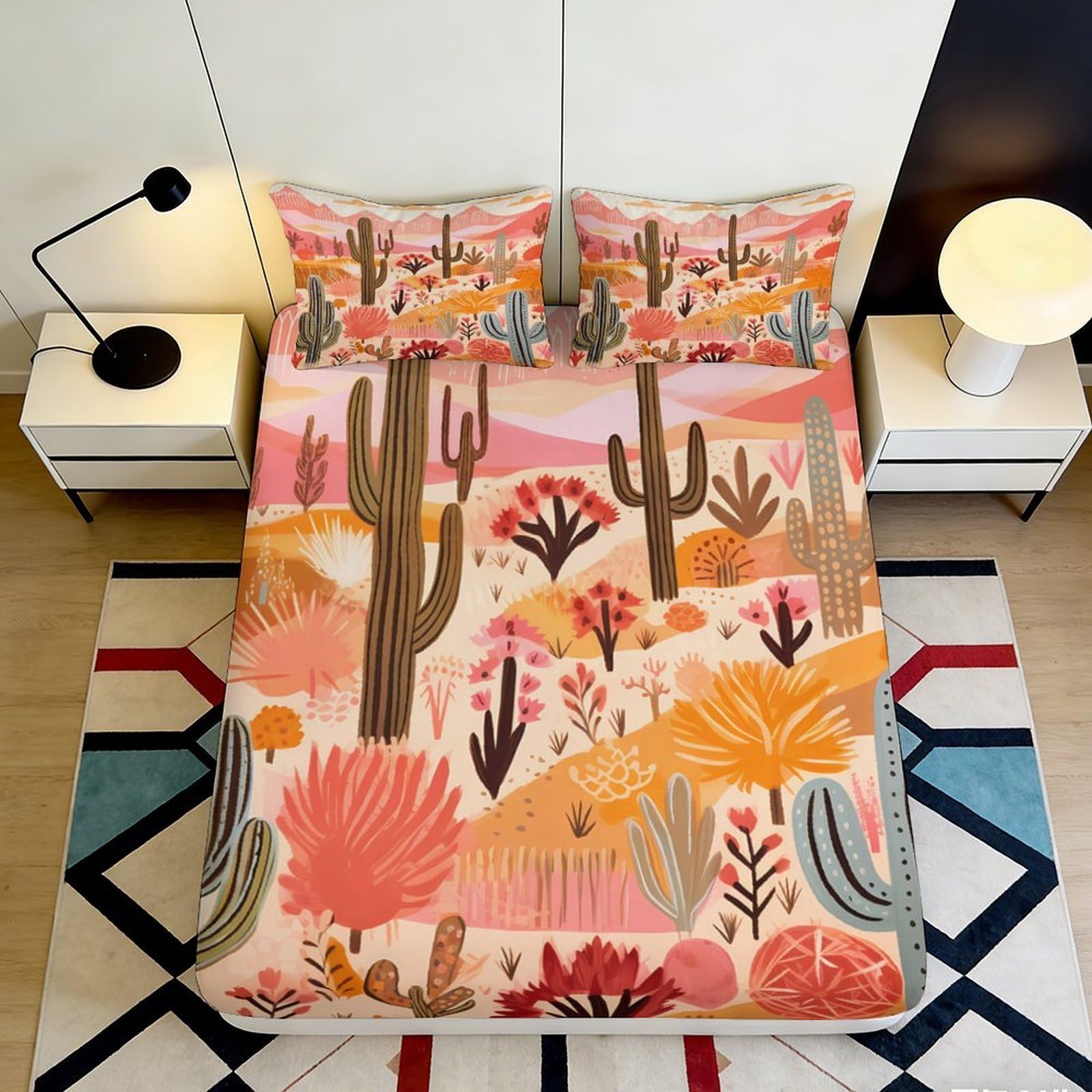 3D Printed Cactus Desert Landscape Fitted Sheet Microfiber Soft Breathable Sunset Valley Mattress Cover for Bedroom Dorm Decor 180x200x25cm