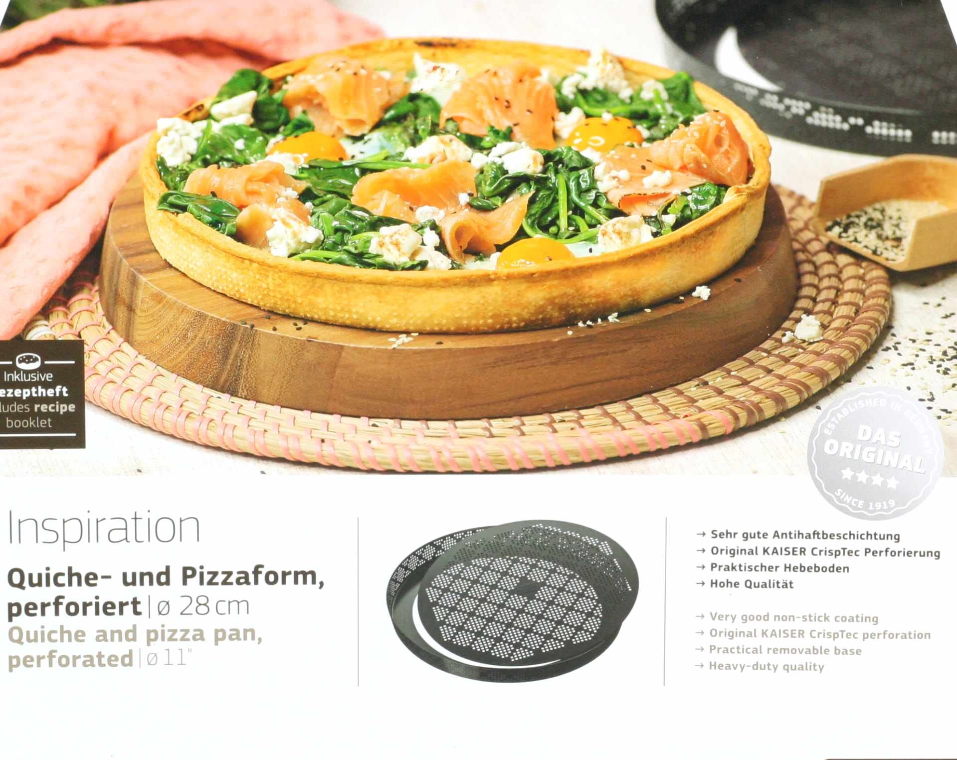 Original Kaiser Inspiration forma do tarty z dnem podnoszącym 28 cm, perforowana forma do pizzy, z powłoką zapobiegającą przywieraniu, wyciągany spód