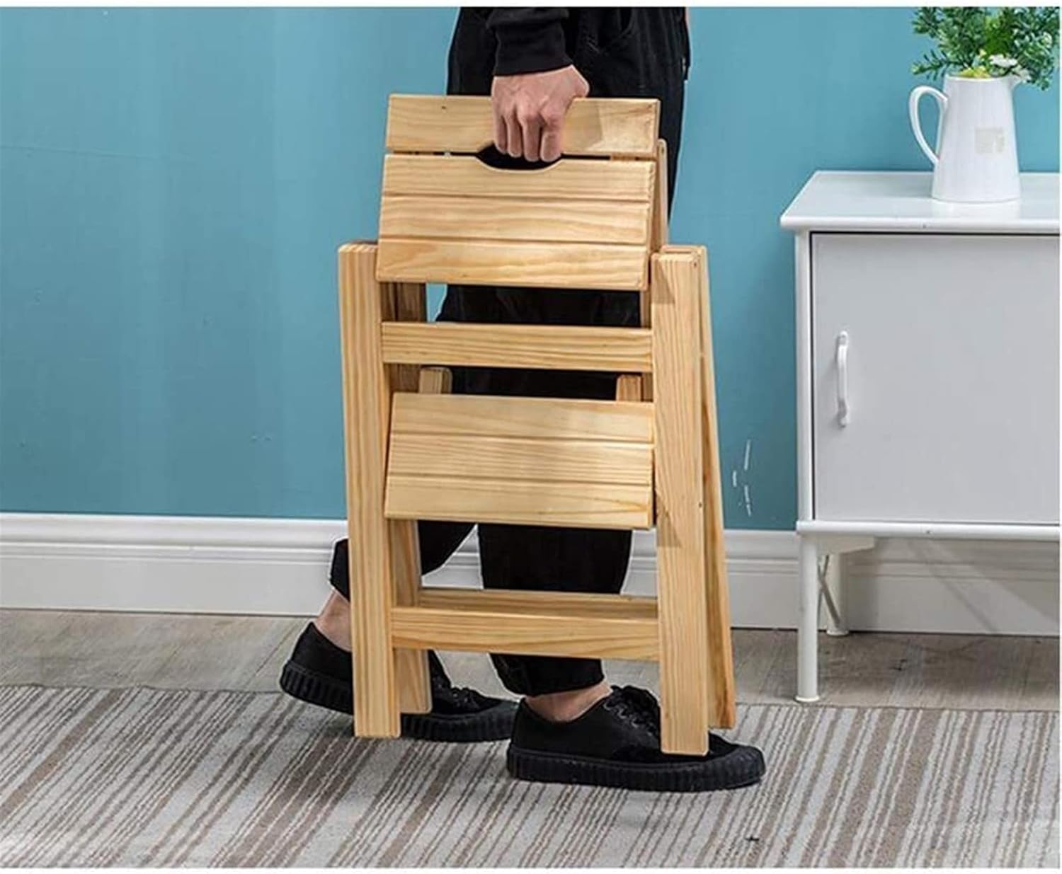 Multifunctional Stepladder, Home Folding Stair Chair Wooden Ladder All Solid Wood Ladder Chair Dual-Purpose Step Ladder Stool Stepladder (Size : Black)