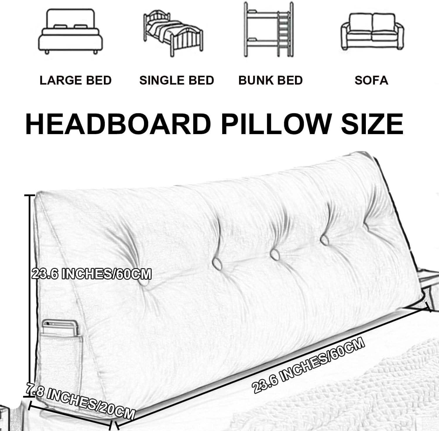 Jednolita kolorowa trójkątna poduszka na zagłówek, poduszka lędźwiowa z oparciem do łóżka dziennego w akademiku ze zdejmowanym pokrowcem(Beige,23.6"/60cm)