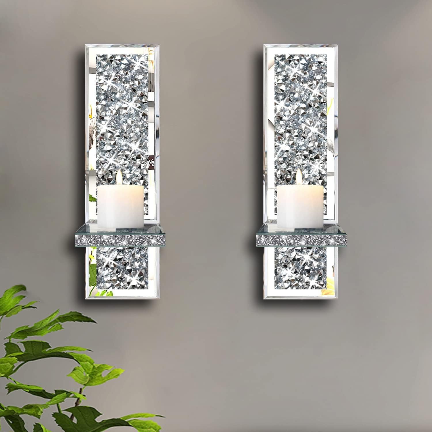 Biznest Set of 2 Silver Crystal Wall Sconce Candle Holders Mirrored with Crushed Diamond Design 38x11x10 cm (Rectangle)