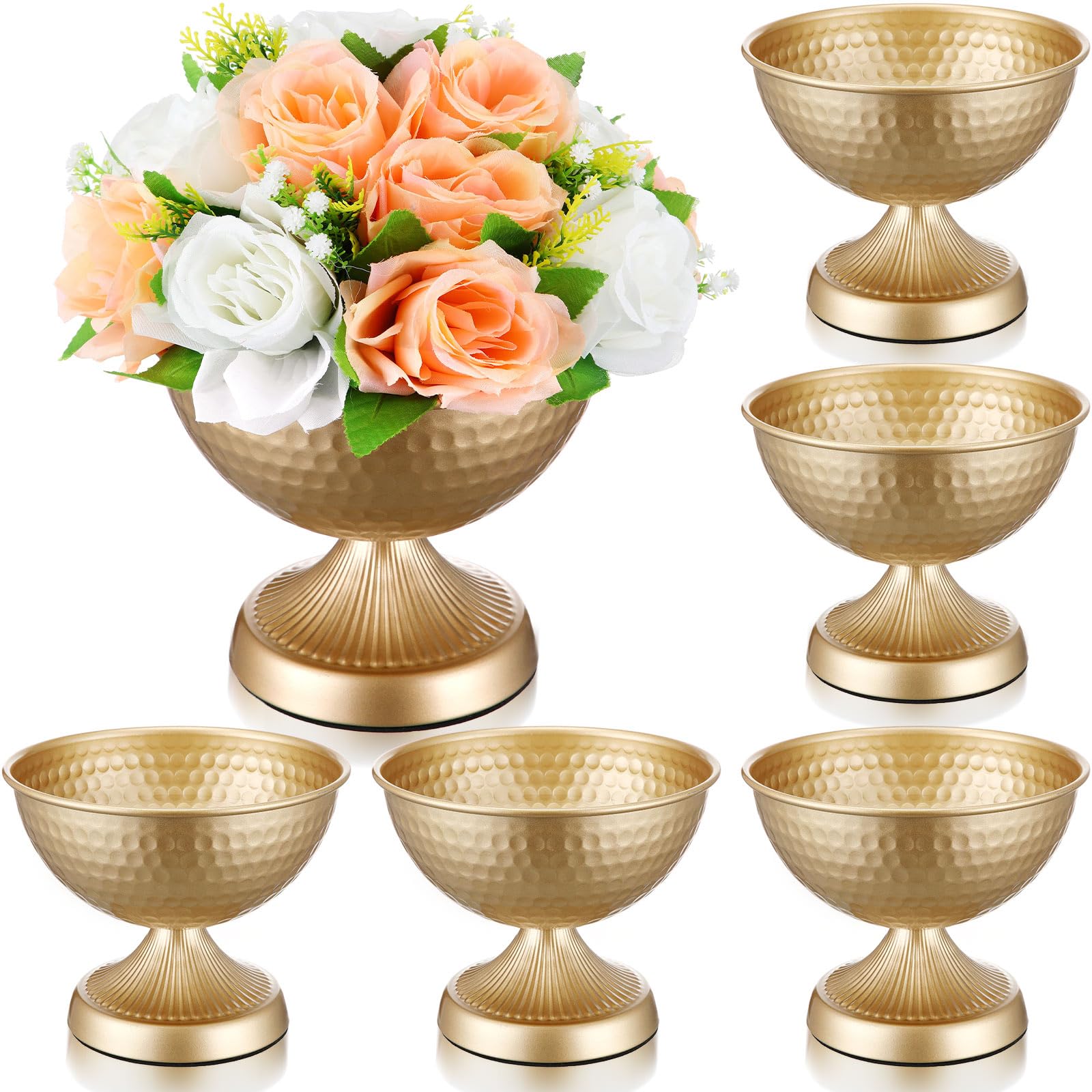 Photo 1 of Yiyiring 6 Pcs Gold Urn Vases for Centerpieces 6 Inch Hammered Compote Bowl Vases Set for Wedding Vintage Metal Vase Table Decoration with Anti-Slip Mat for Christmas Anniversary Party