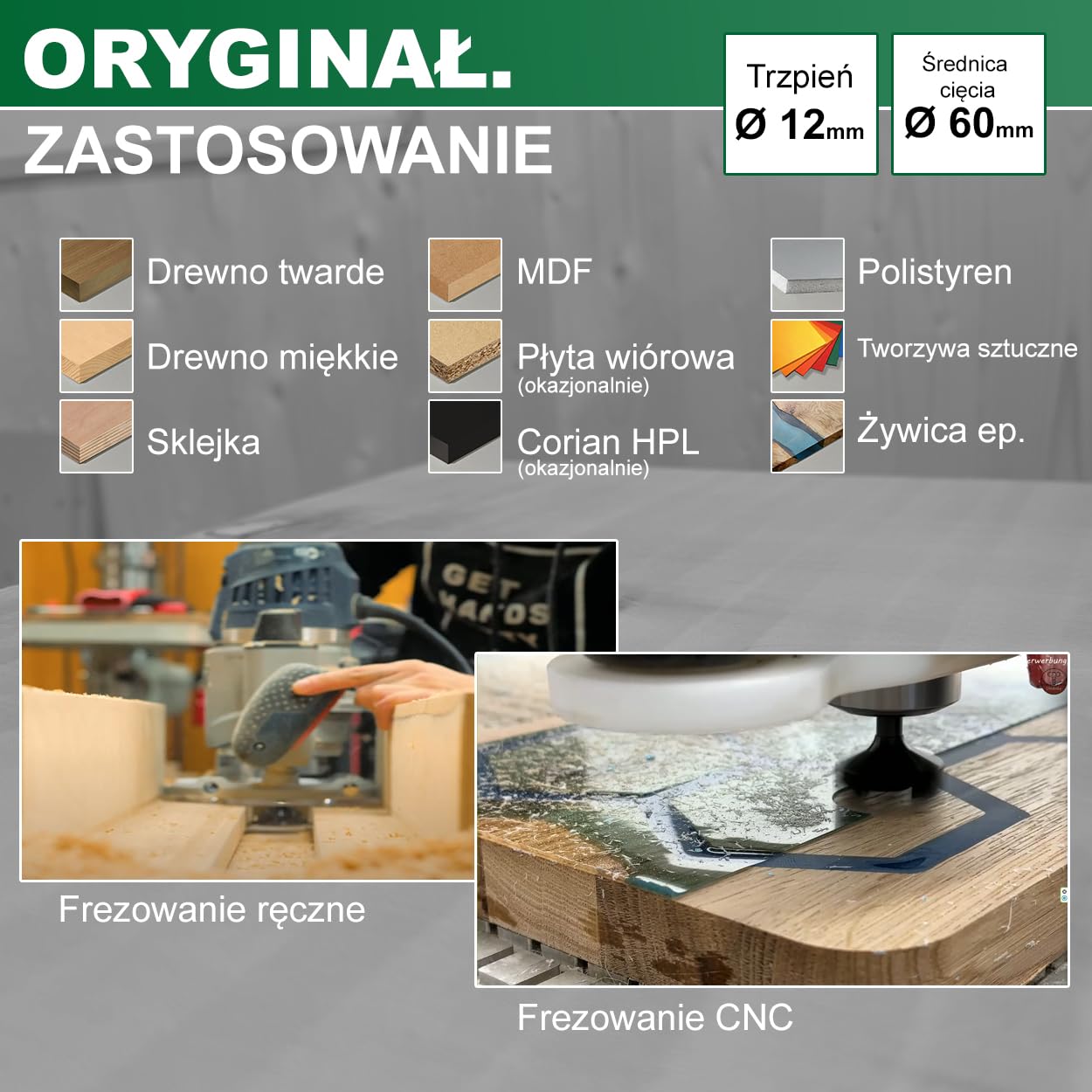 Fraiser Tornado – frez do wyrównywania drewna, trzpień 12 mm, średnica 60 mm, płytki z węglika 12 × 12 mm – do płaszczyzn, rowków i krawędzi, do frezarki górnowrzecionowej