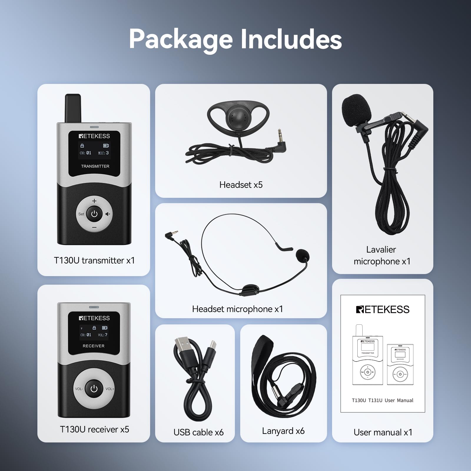Retekess T130U (T130 4rd) Sistema di Guida Turistica Wireless, Microfono per Guida Turistica, 200 m, Banda U Qualità Audio Nitida, Funzionamento Con un Solo Tasto, Adatto per chiese, scuole e viaggi