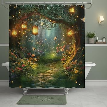 Enchanted Forest Path Shower Curtain Fairy Magical Misty Jungle Mushroom Floral Tree Butterfly Lantern Wonderland Nature Plant Polyester Bathroom Curtains Set with Hooks 70"x70"