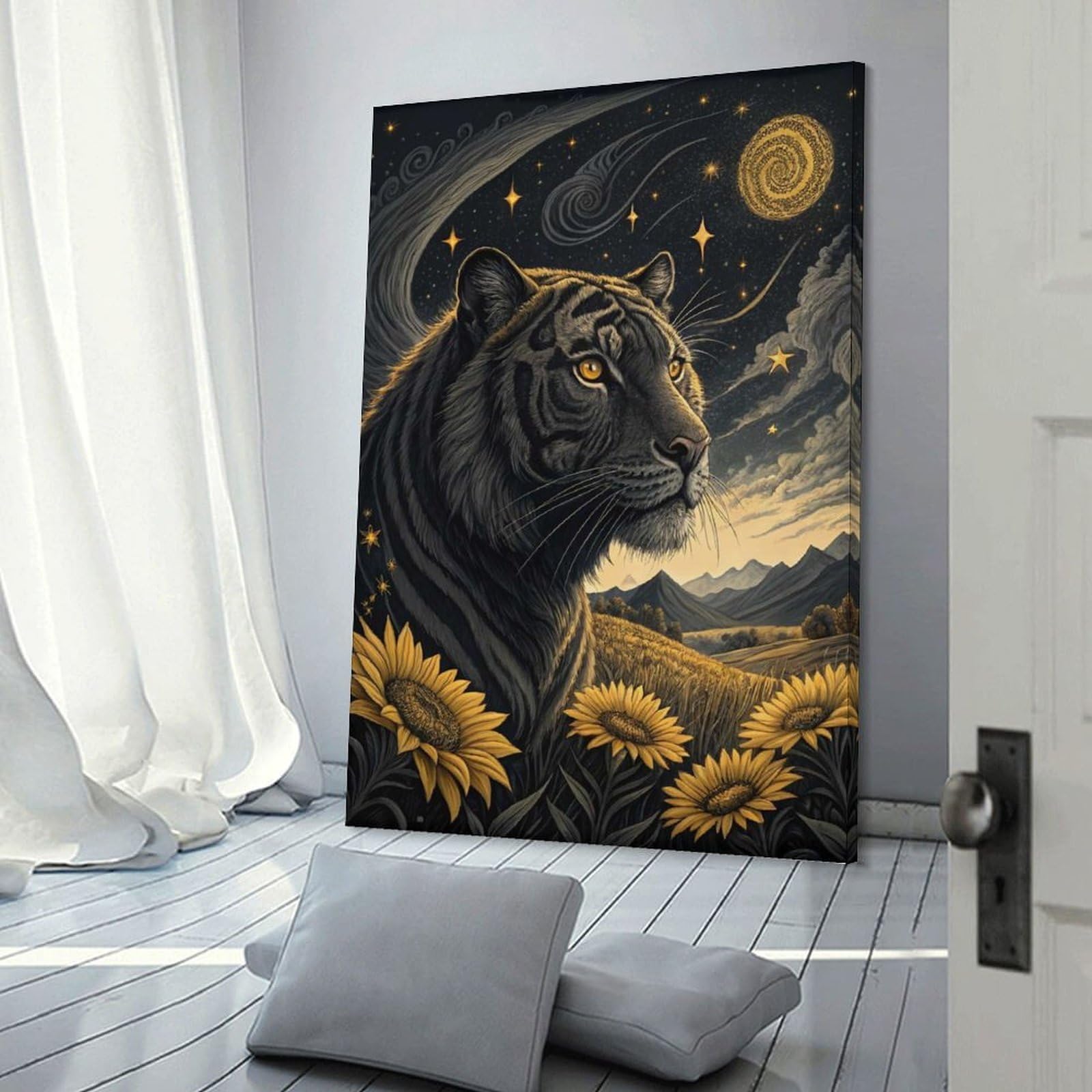 Junmoney Tiger in A Starry Sunflower Field Decorative Wall Artwork, 20x30inch(50x75cm), for Corridors, Hallways Or Apartment Entries, Home Artwork for First Impressions