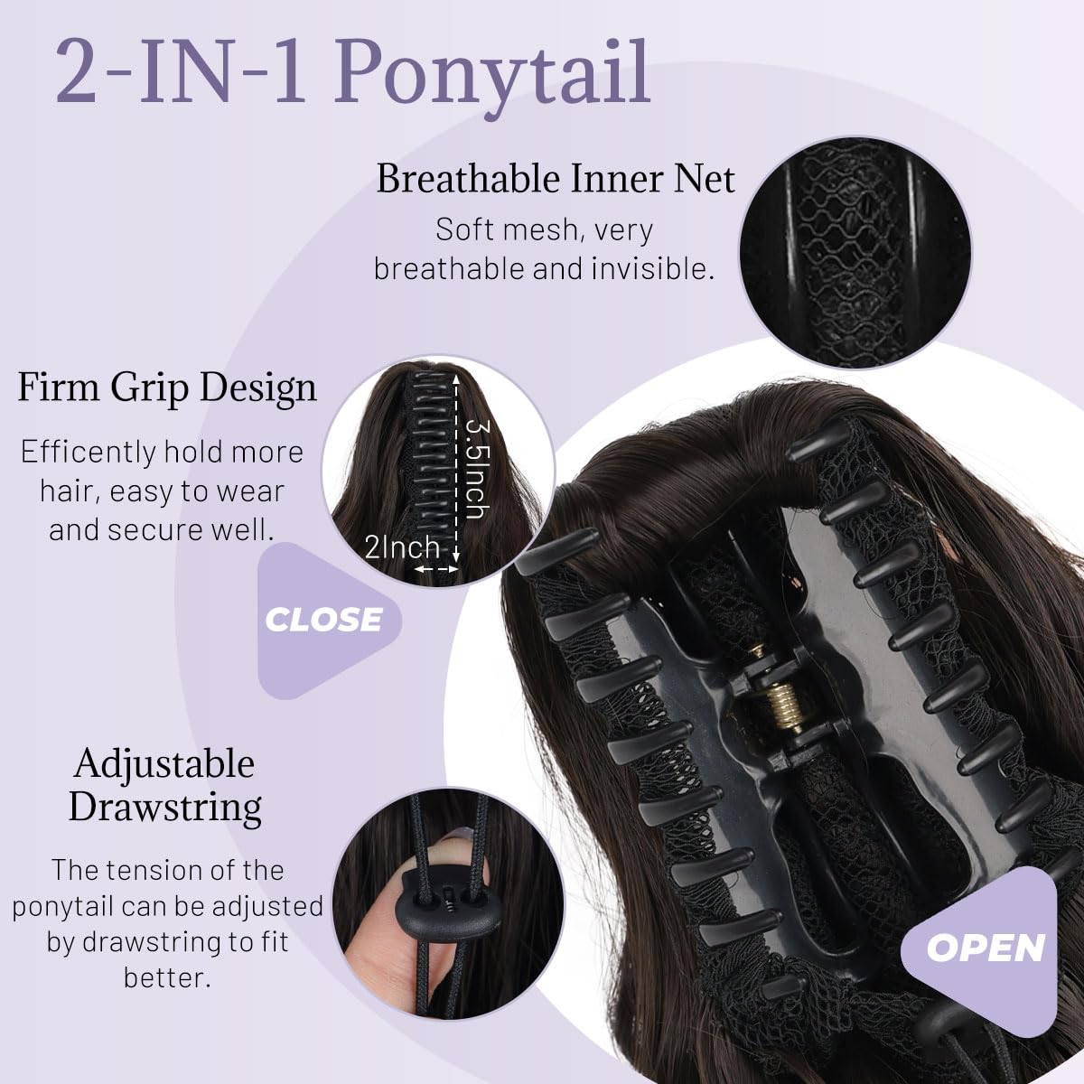 JIAMEISI Claw Clip Ponytail Hair Extensions 18 Inch Ponytail Extension Long Curly Wavy Jaw Clip in Pony Tails Extension Synthetic Fluffy Hairpiece for Women Girls Daily Use Party (Black Brown) - Image 4