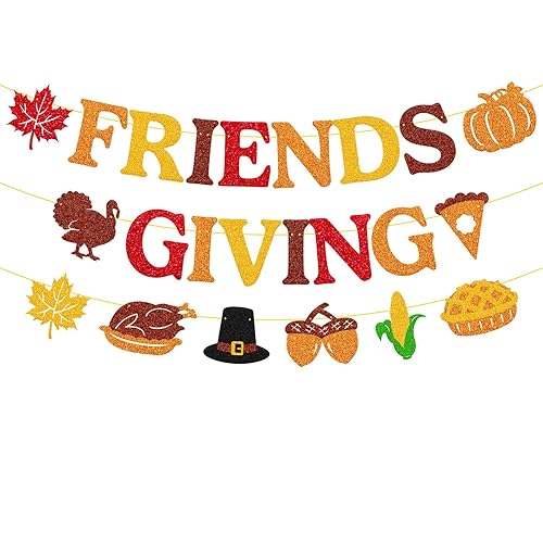 Friends Giving Banner Thanksgiving garland Fall Maple Leaves Pumpkin Pie Turkey Autumn Harvest Theme Thanksgiving Day Party Supplies Glitter Friendsgiving Decoration