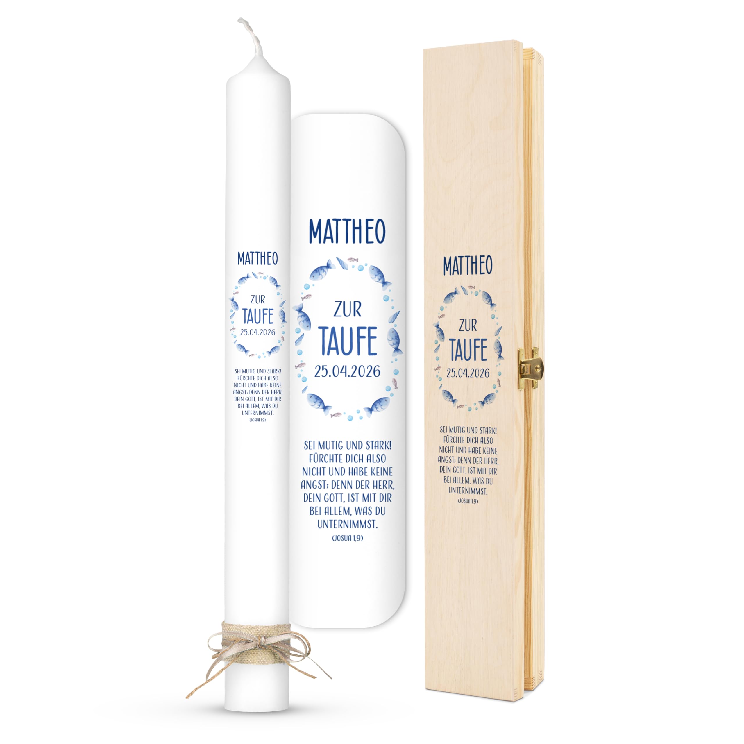 AMARI ® Taufkerz personalisiert Fischschwarm (002.10.01) H:40cm/⌀:4cm - Gestalte und mach deine Taufe - Taufkerze mit Namen